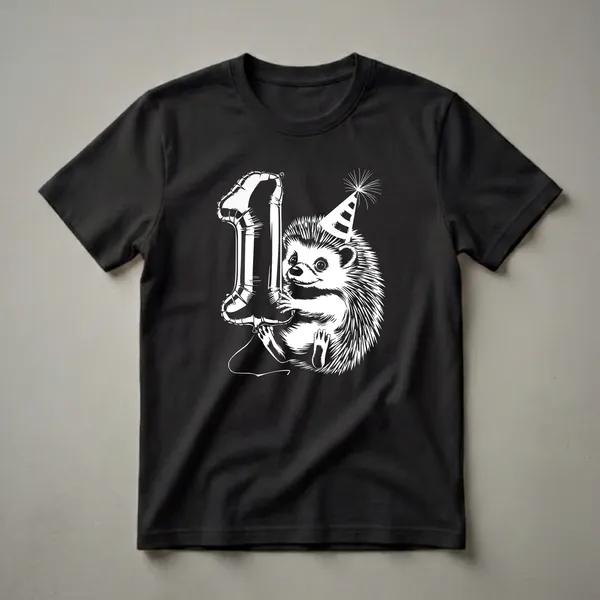 White illustration on black background of a cute hedgehog wearing a party hat and holding a large number '1' balloon, designed for a first birthday.