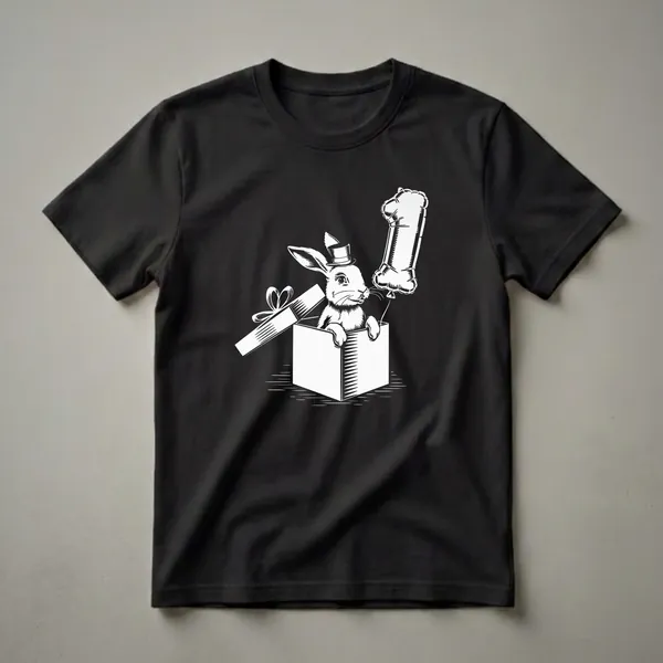 White line art graphic t-shirt featuring a rabbit in a top hat holding a number 1 balloon, emerging from a gift box.