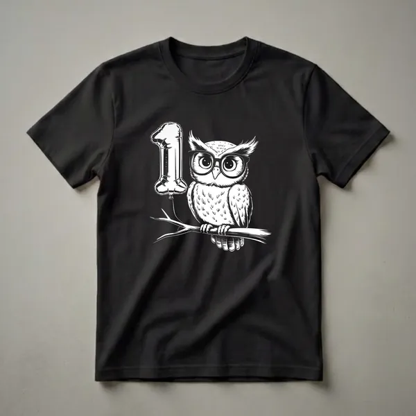 White graphic of a cartoon owl wearing glasses and sitting on a branch, with a white balloon shaped like the number one, on a black background.