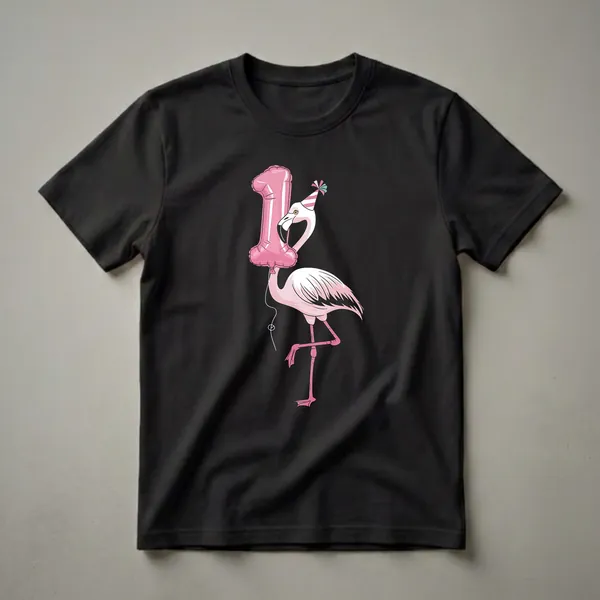 White and pink cartoon flamingo wearing a striped party hat, holding a large pink number '1' balloon, on a black background.