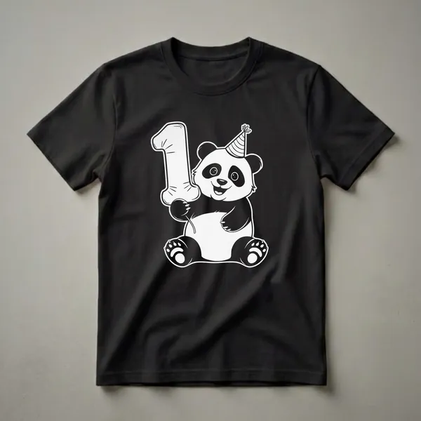 White graphic t-shirt featuring a black and white cartoon panda wearing a striped party hat and holding a large white balloon shaped like the number one.