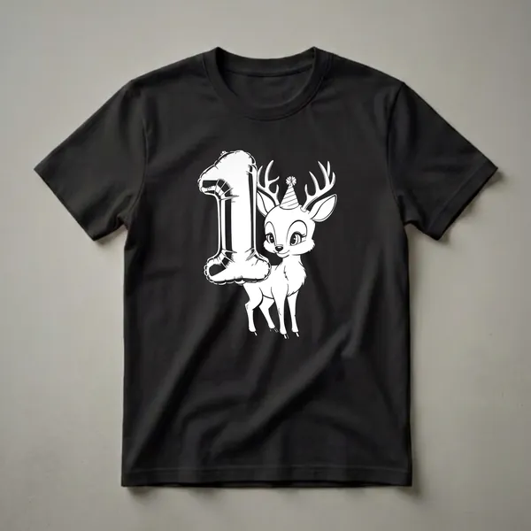 White graphic on a black shirt featuring a cartoon deer with antlers and a party hat next to a large white balloon shaped like the number 1.