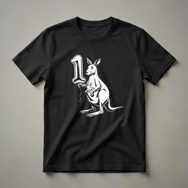 White graphic of a mother kangaroo holding a silver '1' balloon and a joey in her pouch, on a black t-shirt.