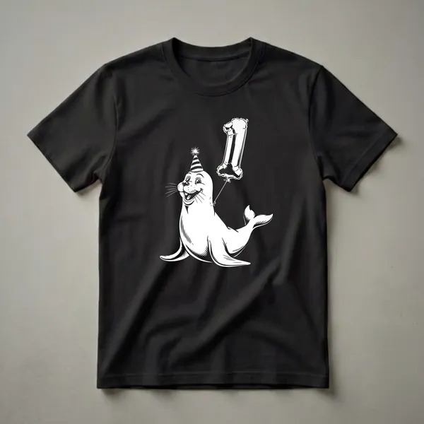 White line art illustration of a happy seal wearing a striped party hat and holding a large number '1' balloon, on a black background.