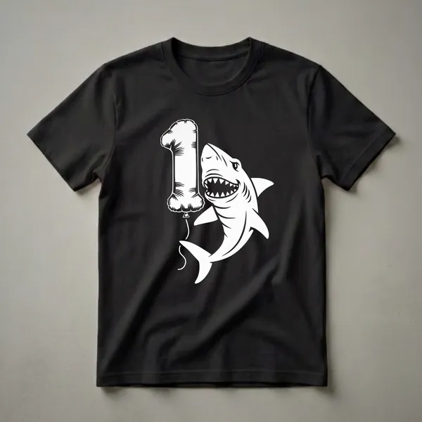 White graphic of a shark holding a balloon shaped like the number one, on a black t-shirt.