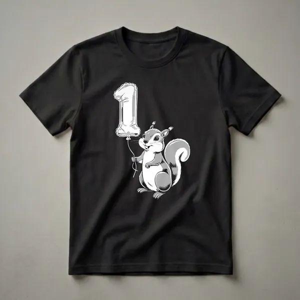 Black t-shirt featuring a grayscale illustration of a cute squirrel holding a large silver balloon shaped like the number 1, designed for a child's first birthday.