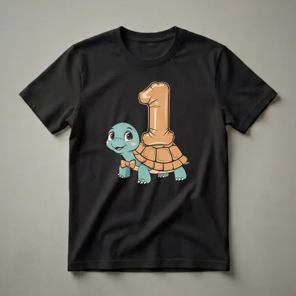 A light-colored t-shirt featuring a cartoon illustration of a teal turtle wearing an orange bow tie, with a large orange balloon shaped like the number '1' attached to its shell.