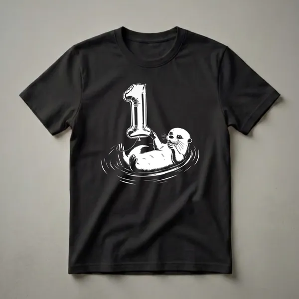 White line art graphic of a cute otter floating in water and holding a silver balloon shaped like the number '1', on a black t-shirt.