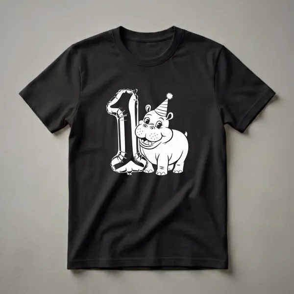 White graphic of a cartoon hippo wearing a party hat next to a large number '1' balloon, on a black background.