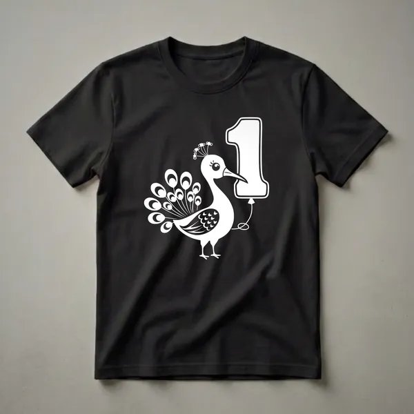White graphic of a stylized peacock with a balloon shaped like the number '1' on a black t-shirt, suitable for a 1st birthday.