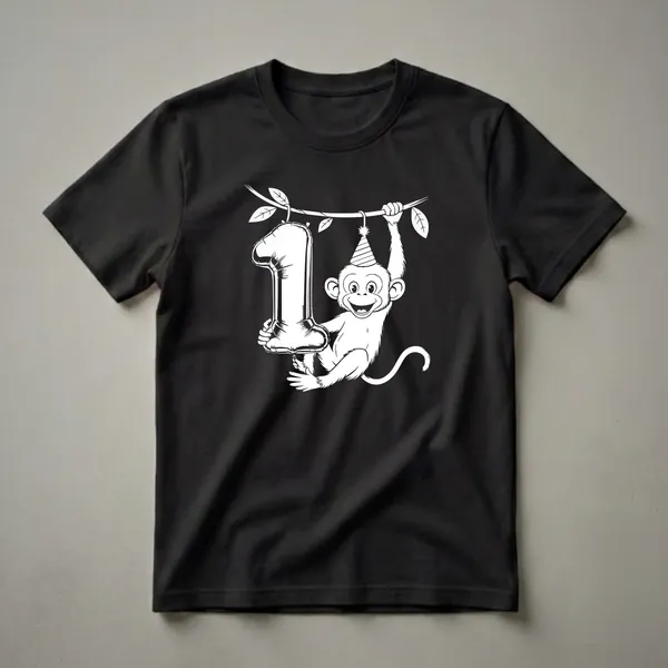 White line art graphic of a monkey wearing a party hat, hanging from a branch and holding a large number '1' balloon, on a black background.