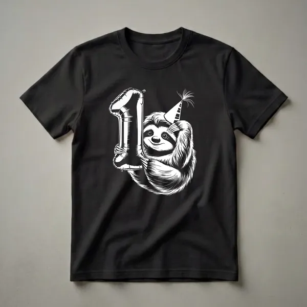 White graphic of a smiling sloth wearing a striped party hat and holding a large number '1' balloon, on a black t-shirt.