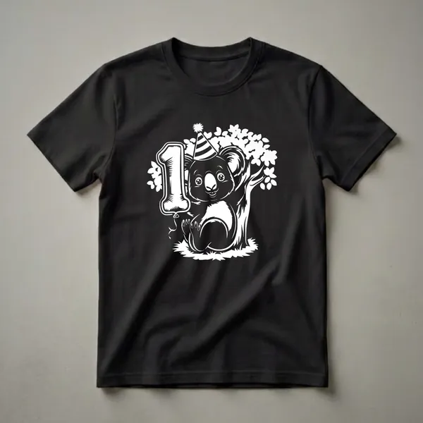 White graphic on a black shirt featuring a cute koala wearing a party hat and holding a number '1' balloon, sitting in a tree with leaves, celebrating a first birthday.