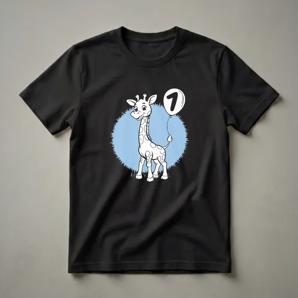 White graphic t-shirt featuring a cartoon giraffe with spots, holding a white balloon with the number 1, on a light blue fuzzy background.