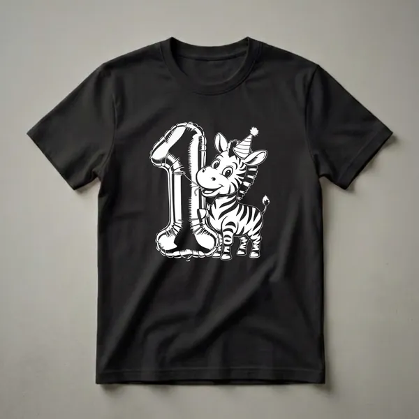 White graphic of a cartoon zebra wearing a party hat and holding a large number '1' balloon on a black t-shirt.