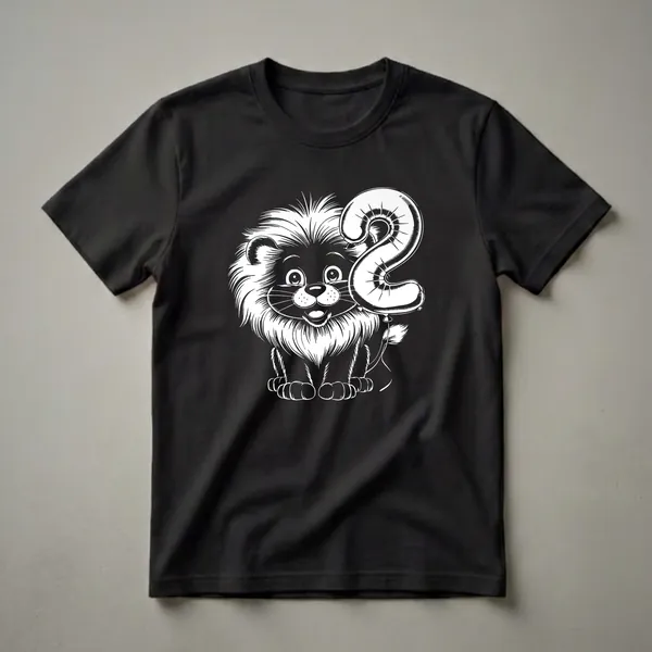 White outline graphic of a cartoon lion with a large mane holding a balloon shaped like the number two, on a black t-shirt.