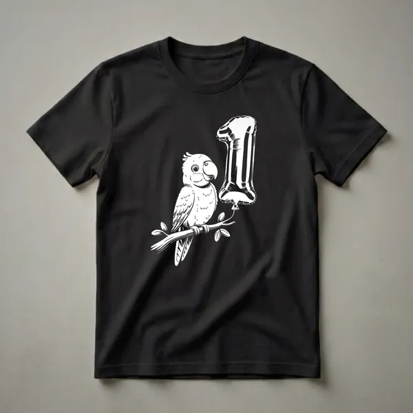 White line art illustration of a cute parrot sitting on a branch next to a large number '1' balloon, printed on a black t-shirt.