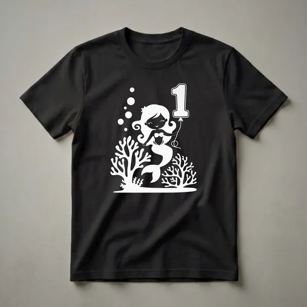 White graphic of a cartoon mermaid holding a number '1' balloon, with coral and bubbles, on a black t-shirt.