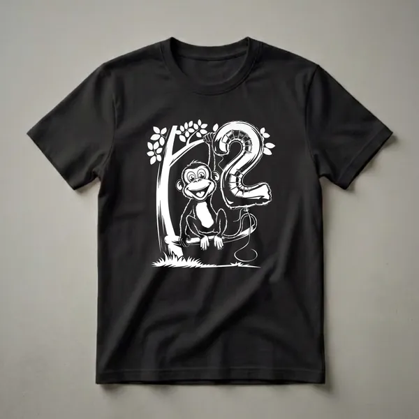 White line art illustration of a happy cartoon monkey hanging from a tree branch and holding a large balloon shaped like the number 2, on a black background.