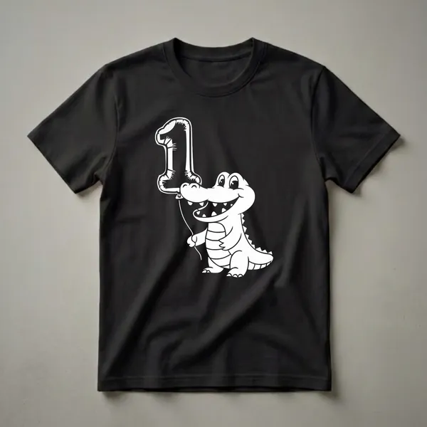 White graphic t-shirt featuring a cartoon crocodile holding a white balloon shaped like the number '1'.