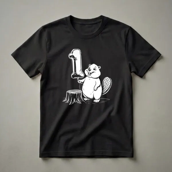 White graphic on a black t-shirt showing a cartoon beaver holding a large number '1' balloon next to a tree stump, celebrating a first birthday.