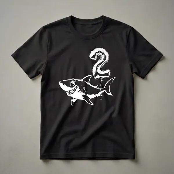 White graphic of a cartoon shark with a wide grin and a white balloon shaped like the number 2, on a black t-shirt.