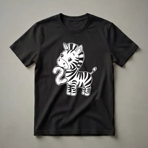 White graphic of a cartoon zebra with black stripes holding a balloon shaped like the number two, on a black background.