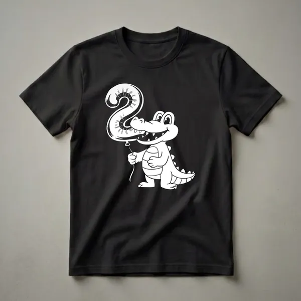 White graphic t-shirt featuring a cartoon crocodile holding a large white balloon shaped like the number 2, on a black background.