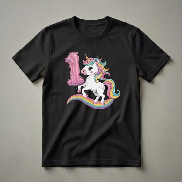 White t-shirt featuring a cartoon unicorn with a rainbow mane and tail, holding a pink number '1' balloon, and standing on a rainbow arc. The background is black.