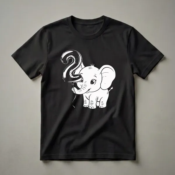 White graphic of a cute cartoon elephant holding a white balloon shaped like the number two, on a black background.