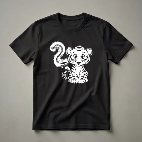 White outline of a cartoon tiger cub sitting next to a white balloon shaped like the number 2, on a black background.