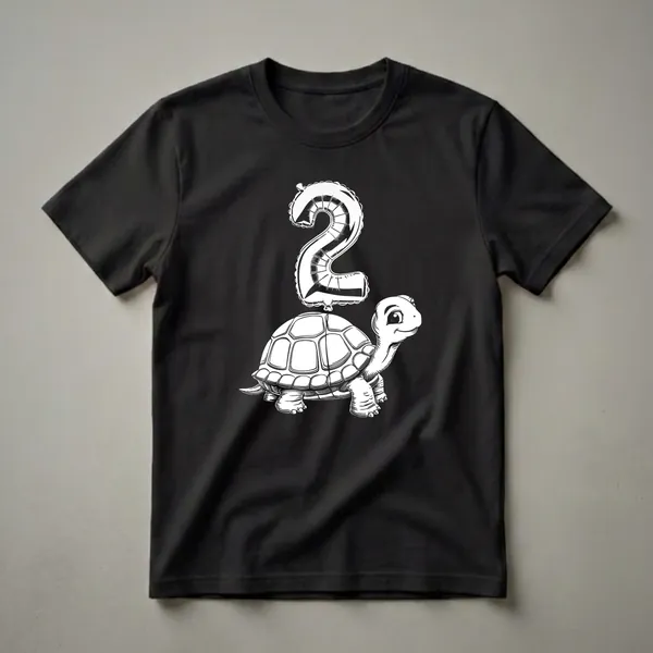 White line art graphic of a smiling turtle with a large number '2' balloon floating above its shell, on a black background.