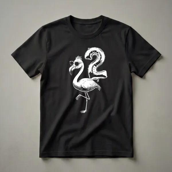 White line drawing of a flamingo wearing sunglasses and holding a balloon shaped like the number 2, on a black background.