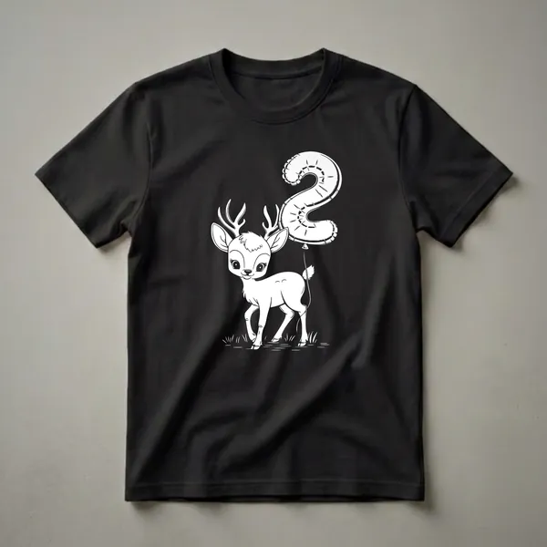 White line art graphic of a cute cartoon deer with antlers and a large number 2 balloon, standing on grass against a black background, for a 2nd birthday.