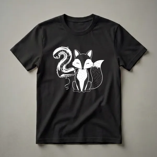 Black and white graphic t-shirt featuring a cute fox sitting and holding a large balloon shaped like the number two, designed for a 2nd birthday.