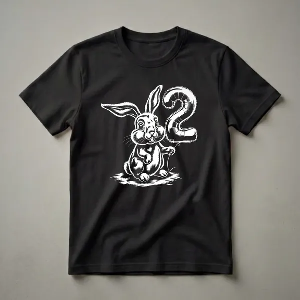 White line art illustration of a cartoon rabbit holding a balloon shaped like the number two, on a black t-shirt.