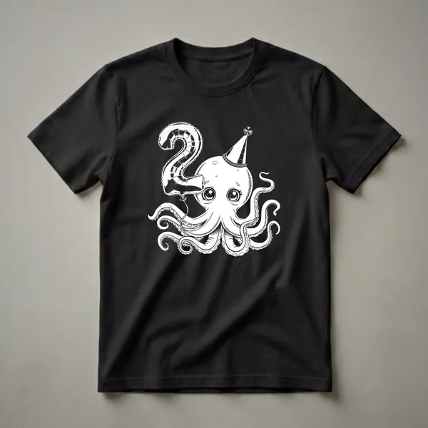 White line art graphic of a cartoon octopus wearing a party hat and holding a balloon shaped like the number two, printed on a black t-shirt.