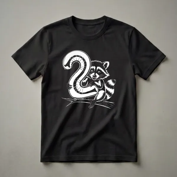 Black and white graphic t-shirt design featuring a cute raccoon holding a large number '2' balloon while sitting on a branch, intended for a 2nd birthday celebration.