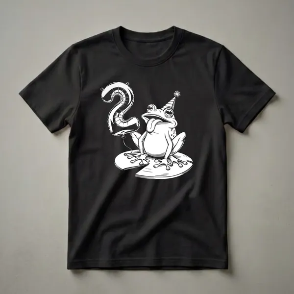 White graphic of a cartoon frog wearing a party hat and holding a balloon shaped like the number 2, sitting on a lily pad, on a black t-shirt.