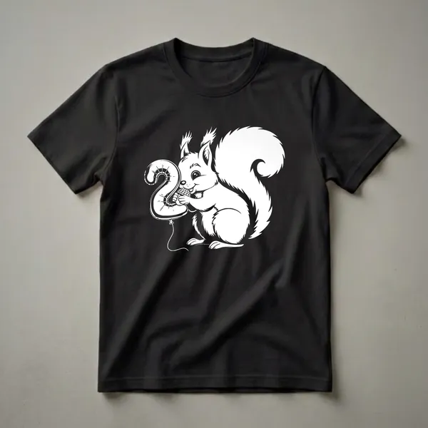 White line art illustration of a cartoon squirrel holding a balloon shaped like the number 2 and an acorn, on a black background.