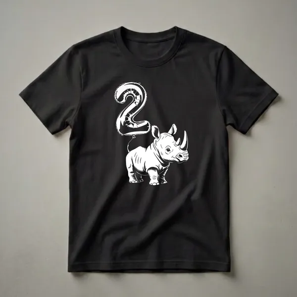 White graphic of a baby rhinoceros with a large number '2' balloon, on a black t-shirt.