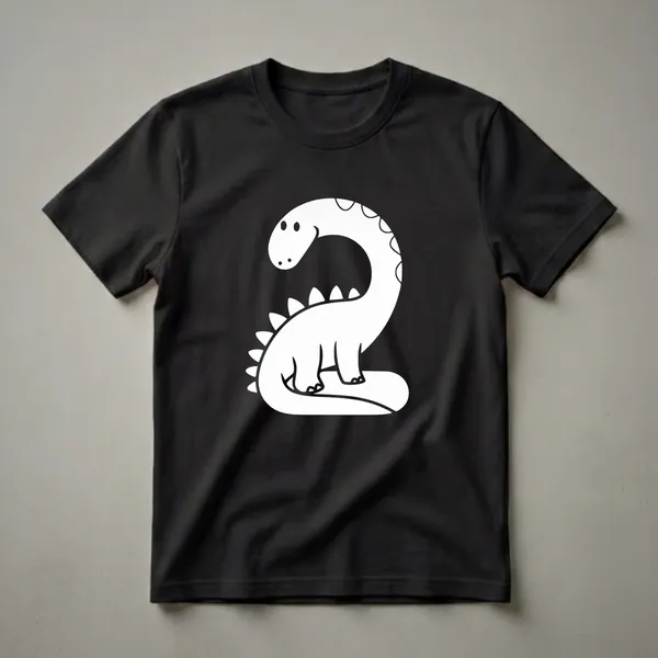 White cartoon dinosaur shaped like the number 2, with spikes and a friendly face, on a black t-shirt.