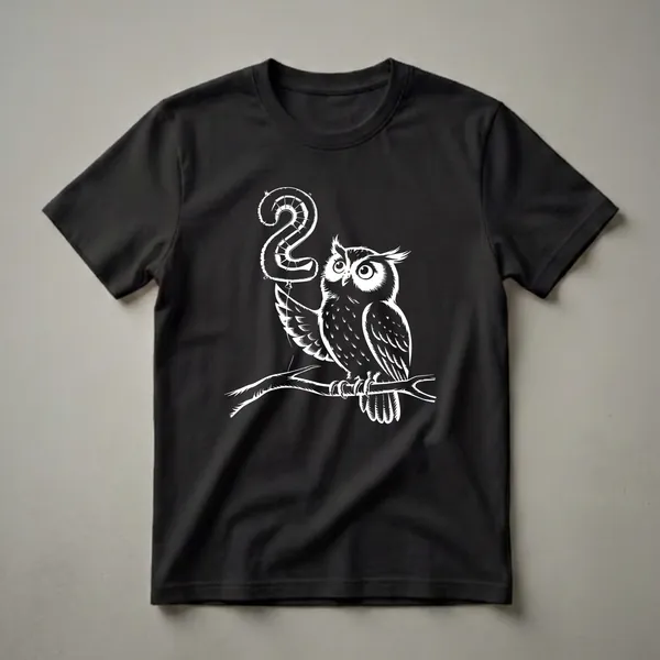 White graphic of a cute owl perched on a branch, holding a large white balloon shaped like the number two, on a black background.