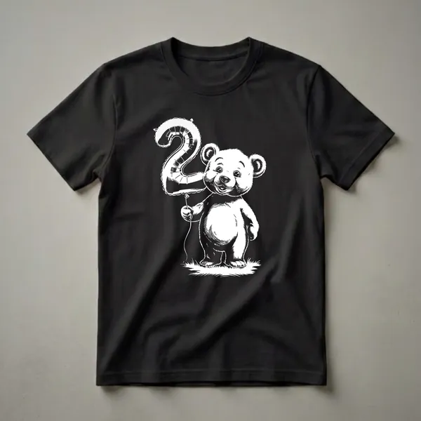 White line art graphic of a smiling teddy bear holding a large number '2' balloon, standing on grass, on a black background.