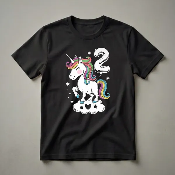 White graphic t-shirt featuring a cartoon unicorn with a rainbow mane and tail, standing on a cloud and holding a silver '2' balloon, surrounded by stars.