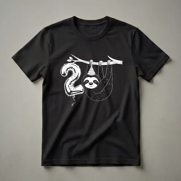 White line art graphic of a cute sloth wearing a party hat and holding a number 2 balloon, hanging from a tree branch, on a black t-shirt.
