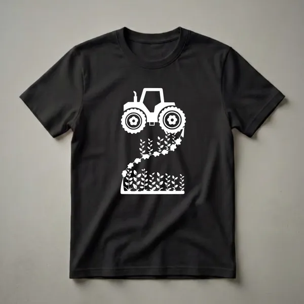 White graphic of a tractor with the number two formed by plants and flowers, on a black t-shirt.