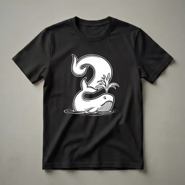 White outline graphic of a whale spouting water, with the number '2' integrated into its tail and body, on a black t-shirt.