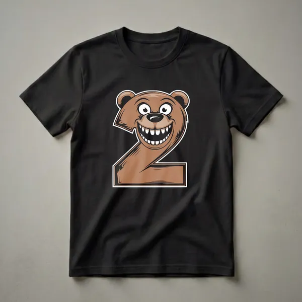 A cartoon brown bear's head forms the number two, with a wide, toothy grin and wide, surprised eyes, on a black background.
