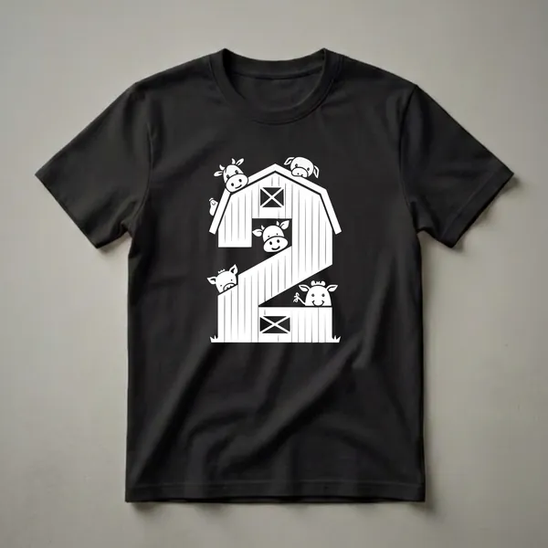 White graphic t-shirt design featuring a barn shaped like the number 2, with cartoon cows, pigs, and a chicken peeking out from windows and the roof.